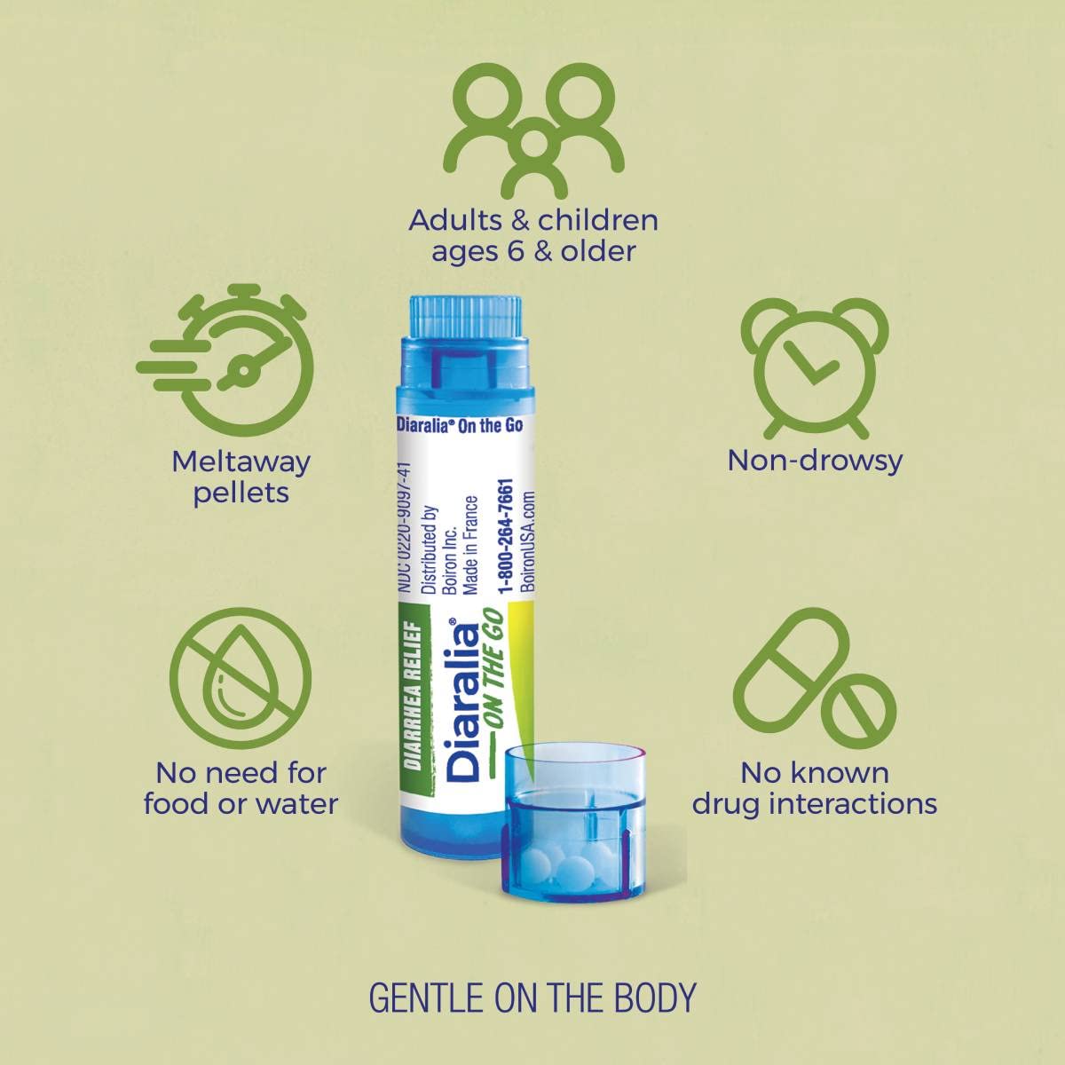 Boiron Diaralia On the Go tube back highlighting travel-friendly packaging.