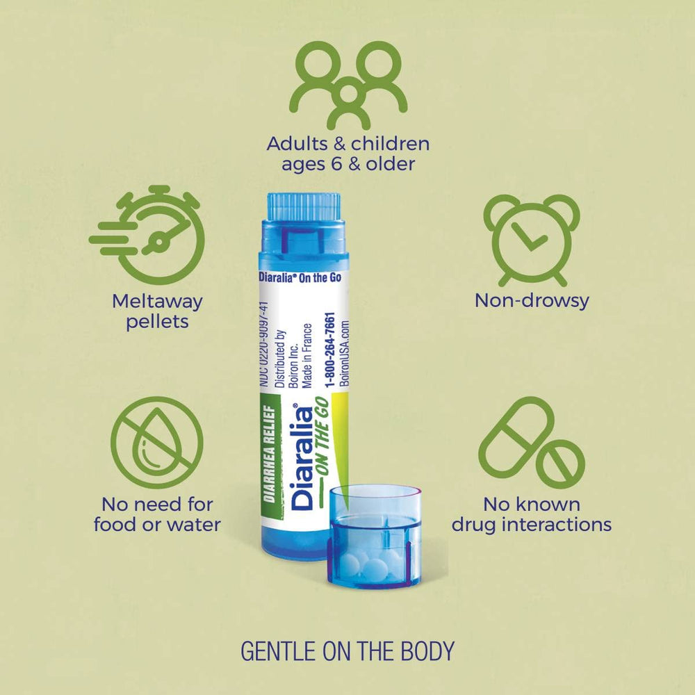 Boiron Diaralia On the Go tube back highlighting travel-friendly packaging.