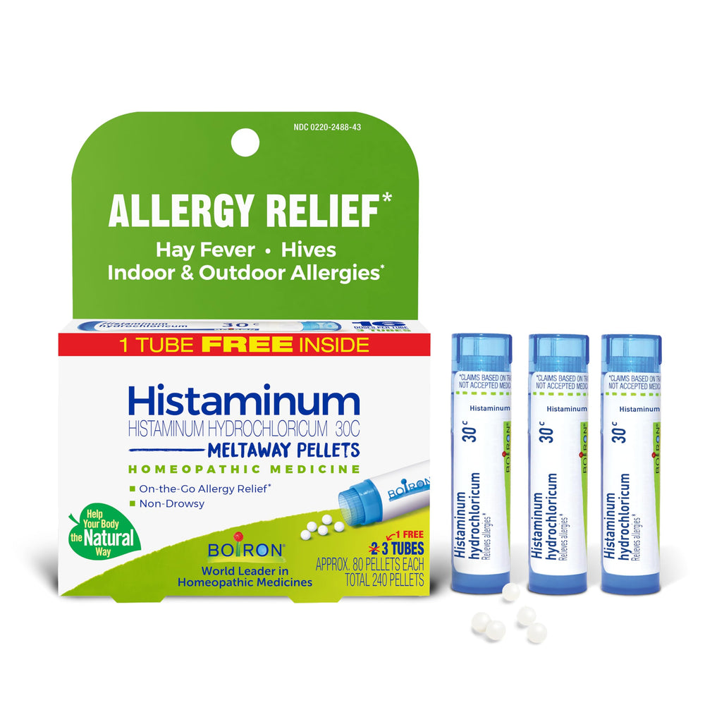 Boiron Histaminum Hydrochloricum pellets in packaging for convenient allergy relief.