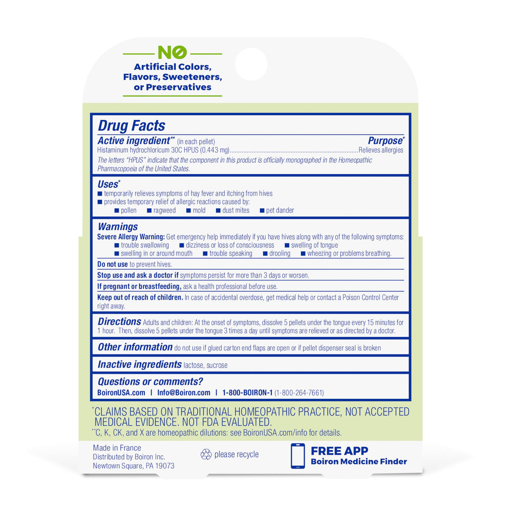 Boiron Histaminum Hydrochloricum pellets offer non-drowsy relief.