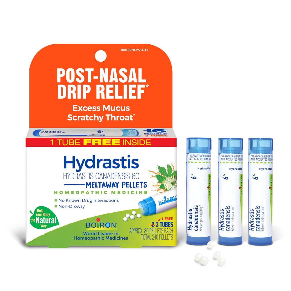 Boiron Hydrastis Canadensis 6C pellets in tubes for on-the-go relief.