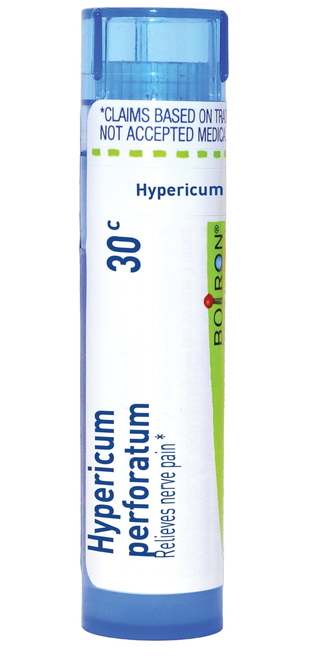 Boiron Hypericum perforatum 30C pellets in dispensing tube for on-the-go use.