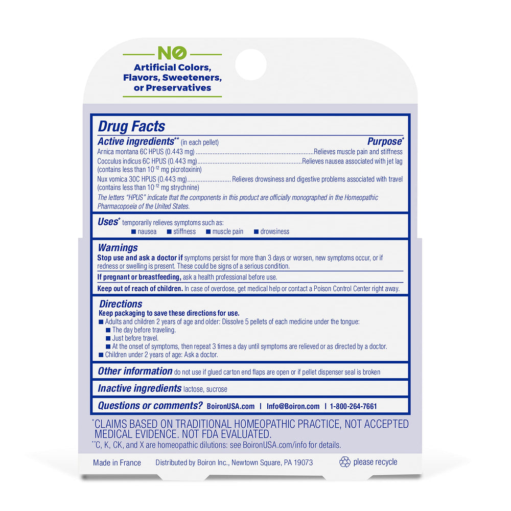 Boiron Jet Lag Relief Kit dosing scene with five pellets per dose.
