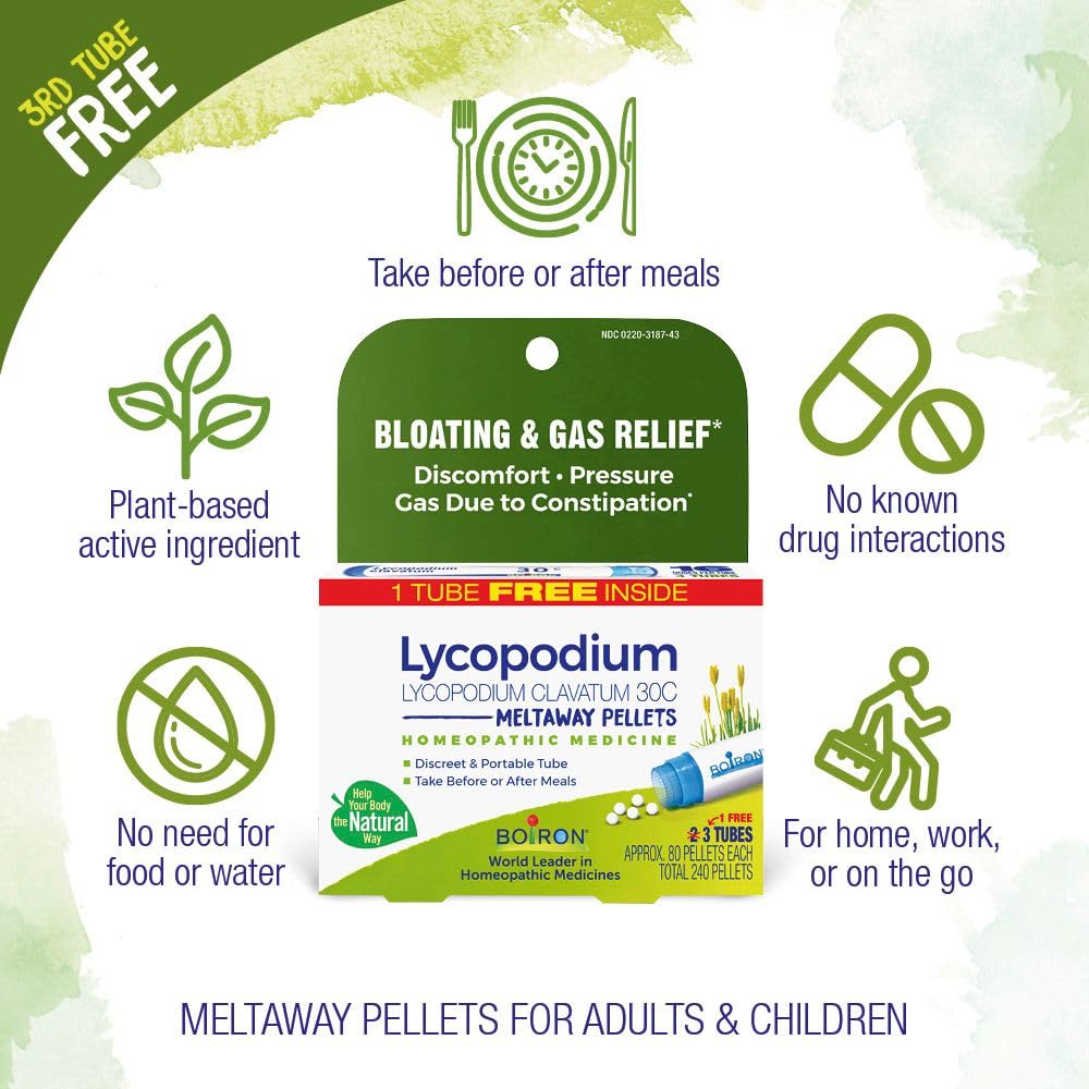 Boiron Lycopodium Clavatum 30C packaging shows three travel-friendly tubes for convenient relief anywhere.