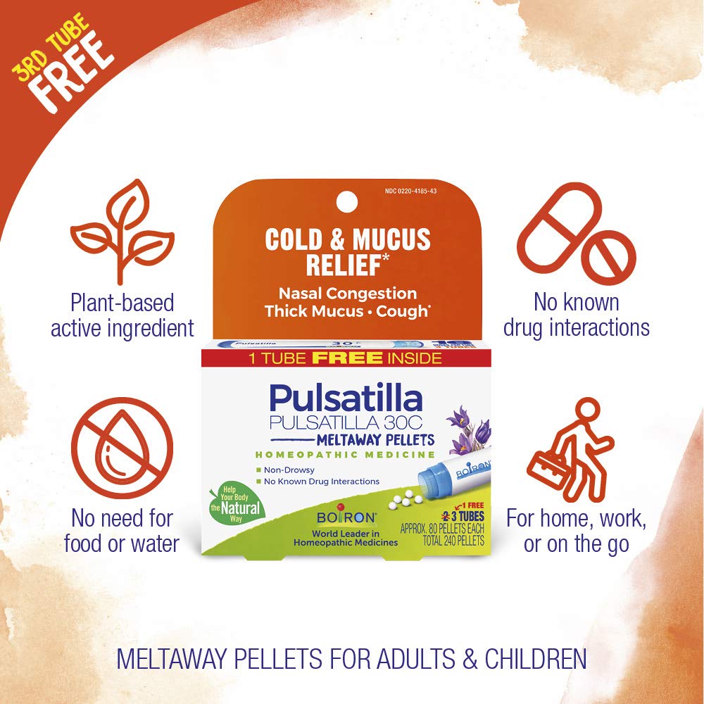 Boiron Pulsatilla 30C unflavored pellets suitable for adults and children.
