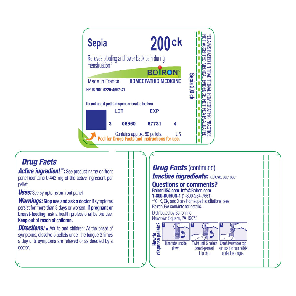 Back of box shows cGMP standards for Boiron Sepia 200Ck