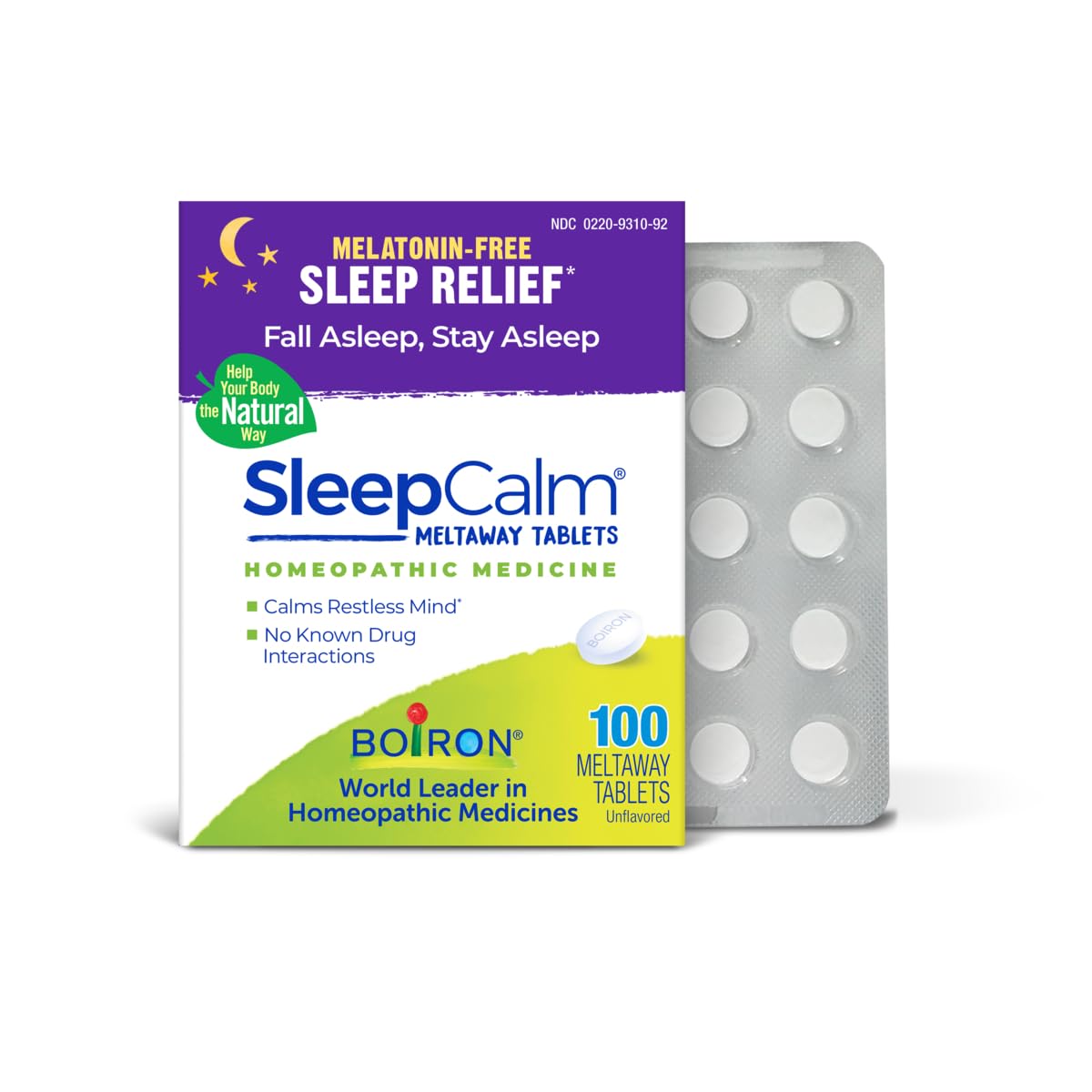 Boiron SleepCalm bottle closeup showing meltaway tablets for melatonin-free sleep support.