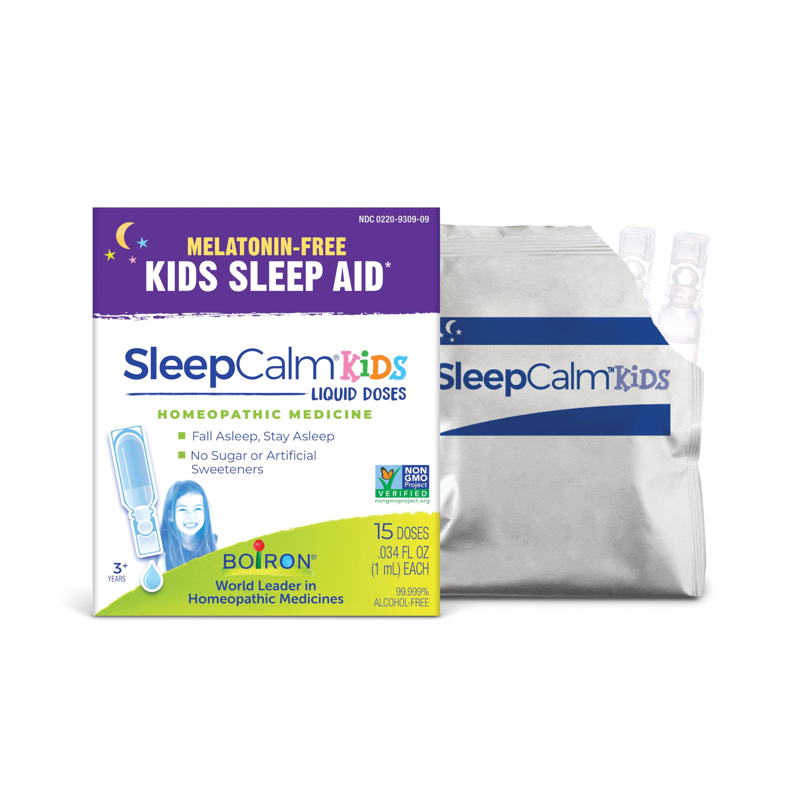 Boiron SleepCalm Kids liquid-dose bottle for bedtime use.