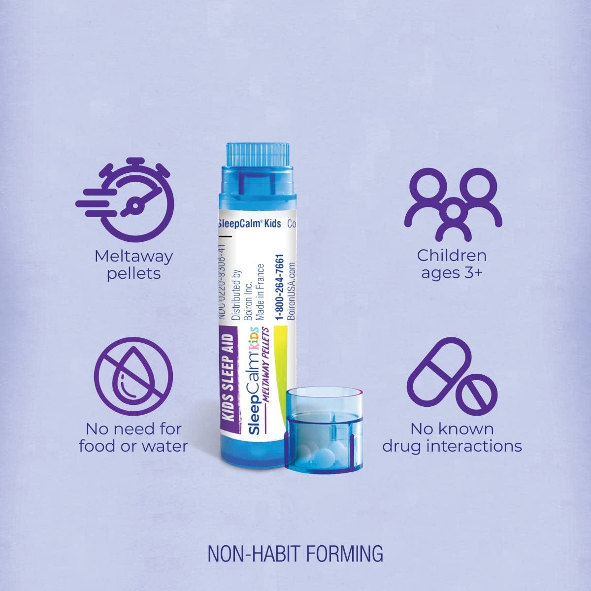 Boiron SleepCalm Kids tube close-up shows easy dose dispensing.