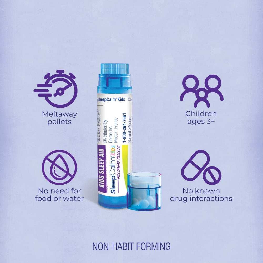 Boiron SleepCalm Kids tube close-up shows easy dose dispensing.