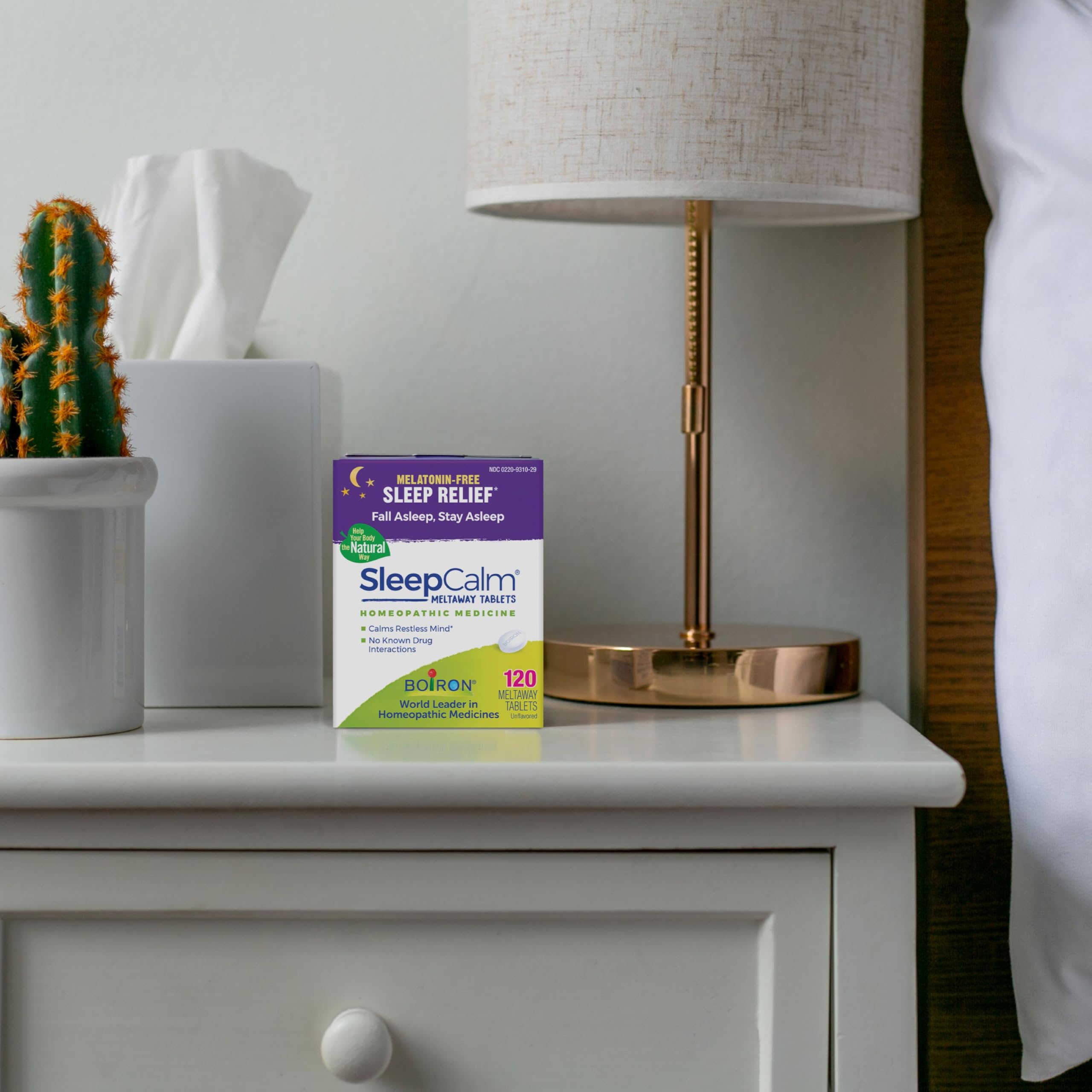 Nighttime routine scene with SleepCalm suggesting non-habit forming sleep support