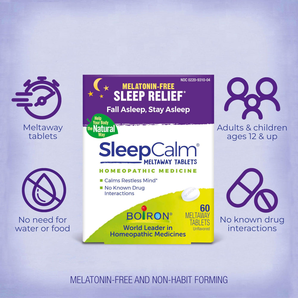 Boiron SleepCalm packaging and bottle together for convenient bedtime routine.