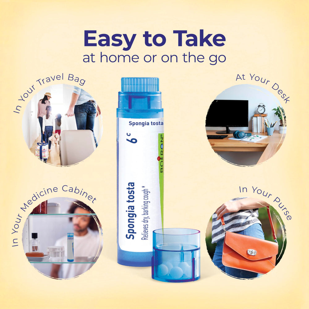 Boiron Spongia Tosta 6C on-the-go dosing fits busy days.