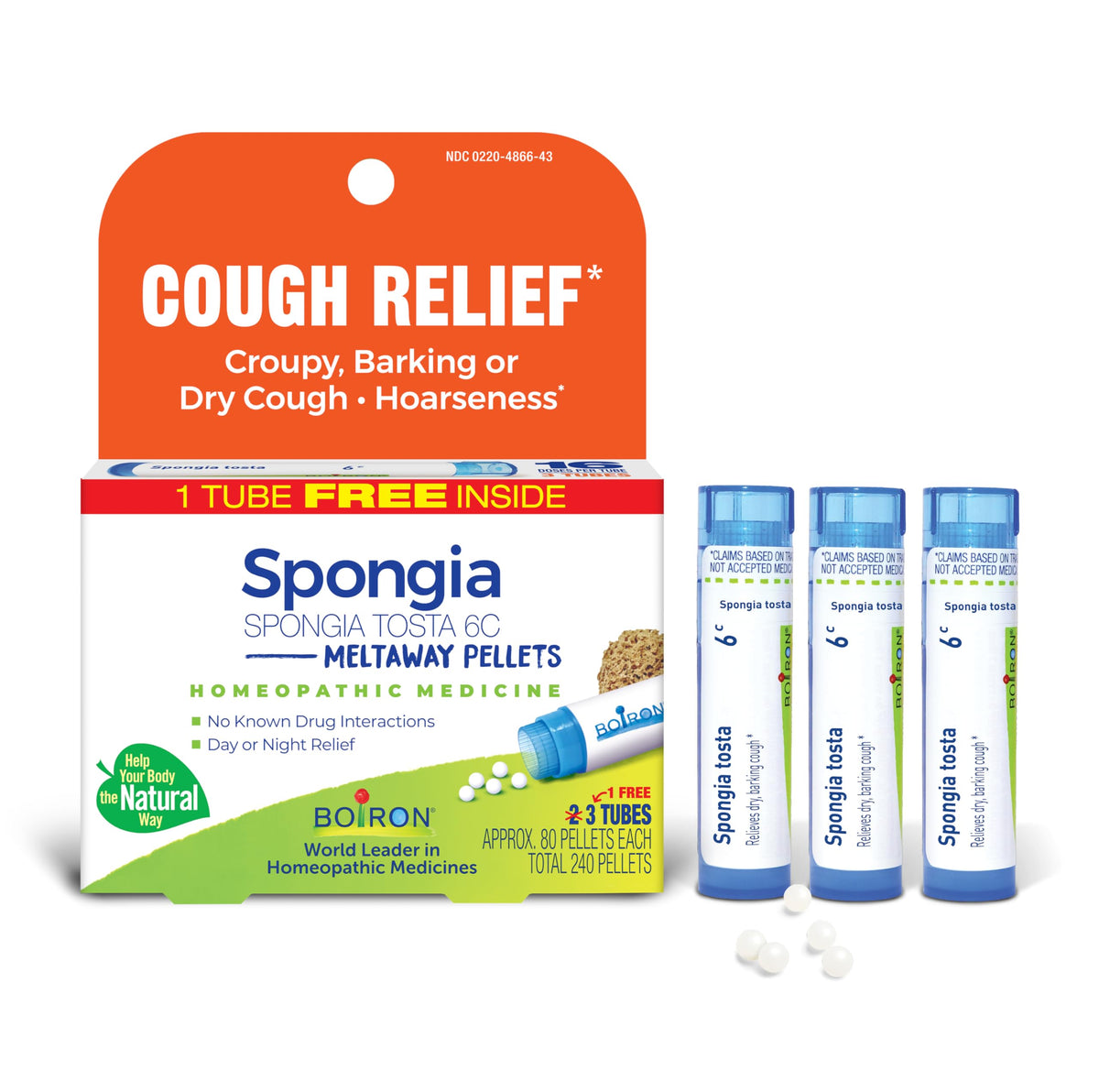 Boiron Spongia Tosta 6C pellets in a travel tube for on-the-go relief.