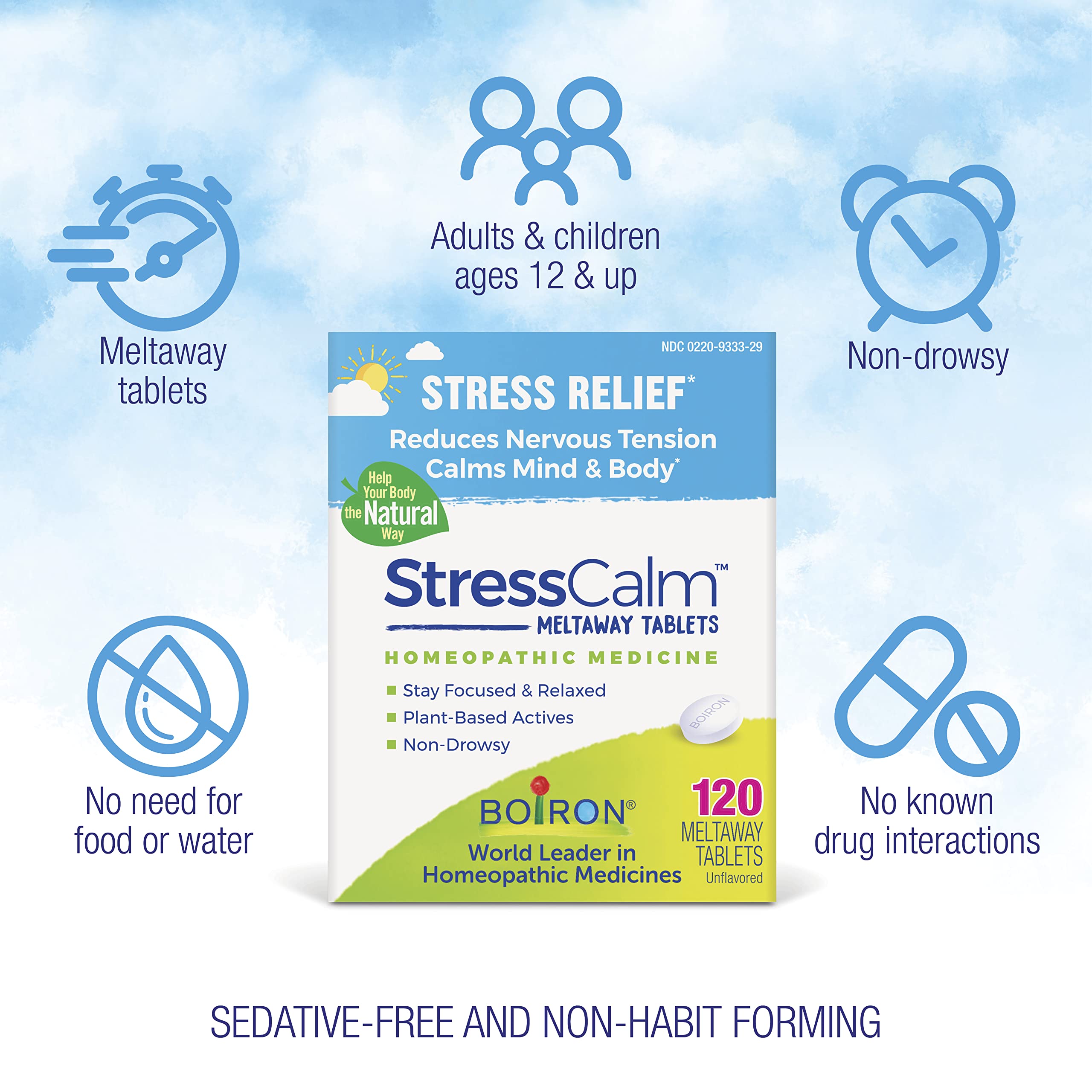 Boiron StressCalm meltaway tablets, no water needed for easy use
