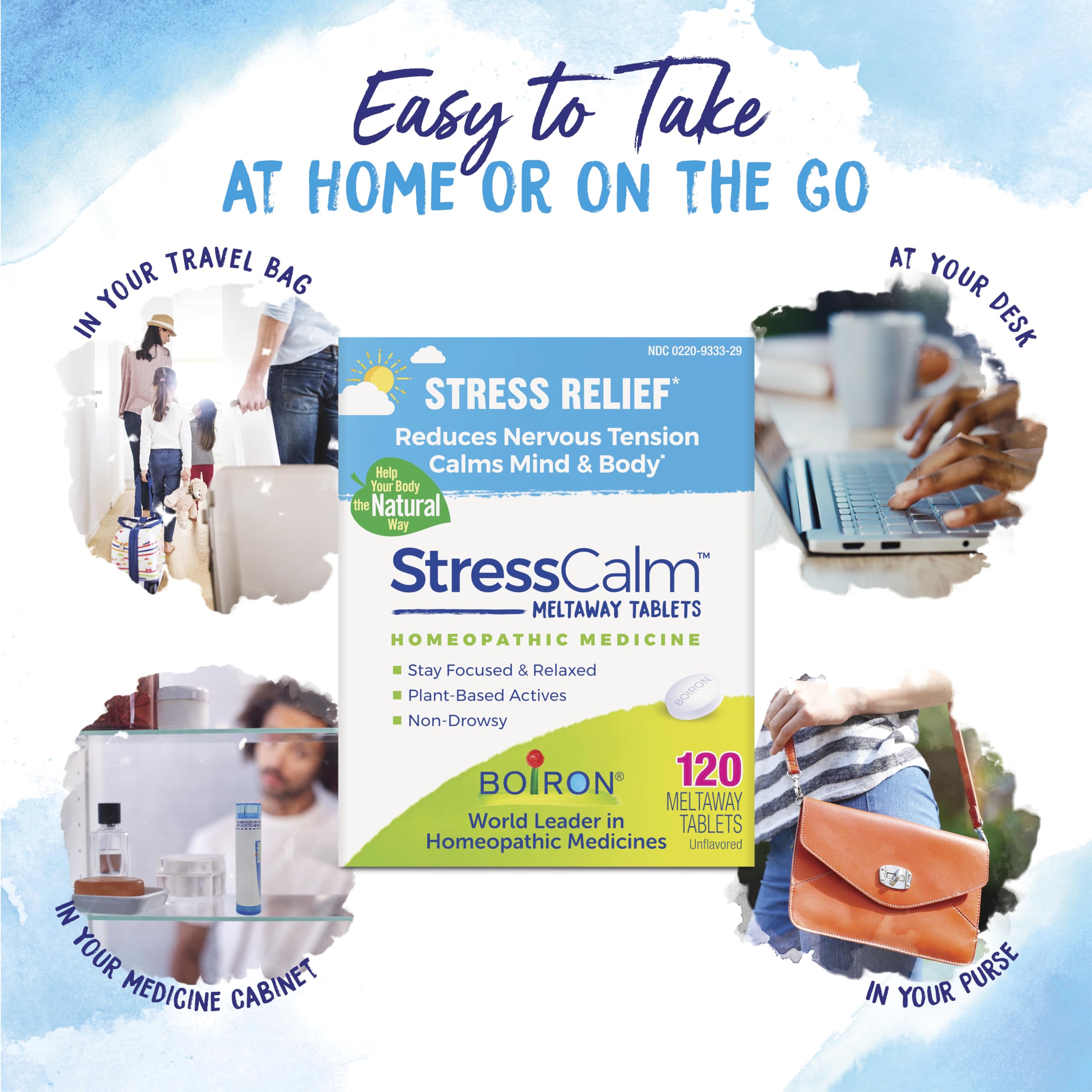 Boiron StressCalm tablets in mouth, convenient for on the move