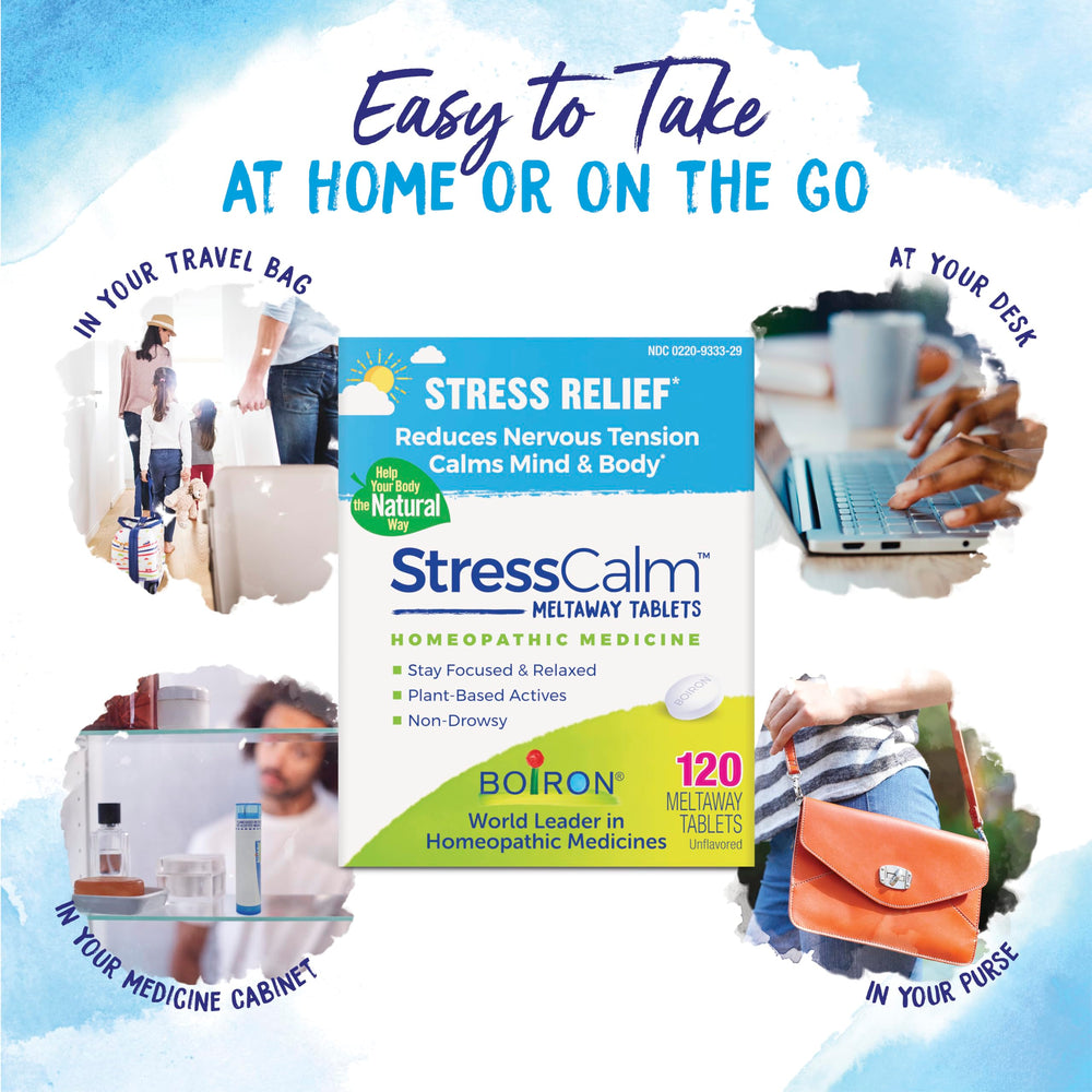 Boiron StressCalm tablets in mouth, convenient for on the move