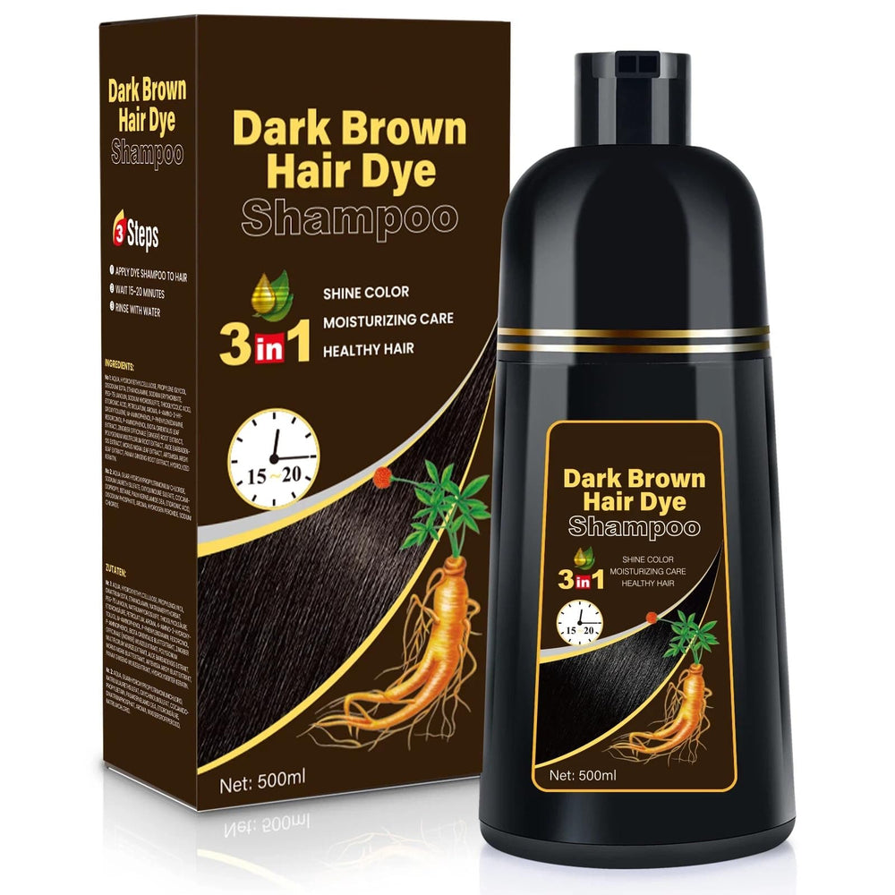 BOJICA hair dye shampoo dark brown bottle showing quick gray coverage.