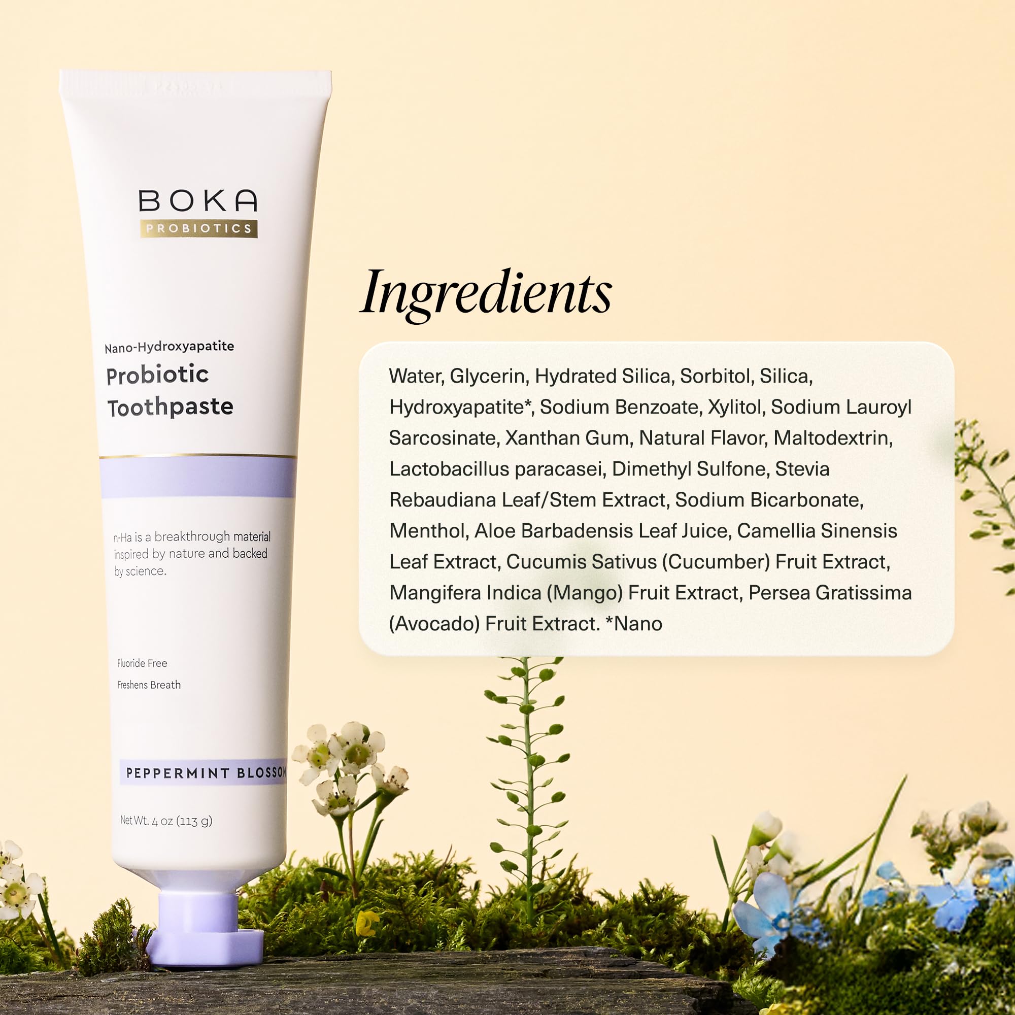 Boka fluoride-free, sulfate-free ingredients emphasize clean formula.