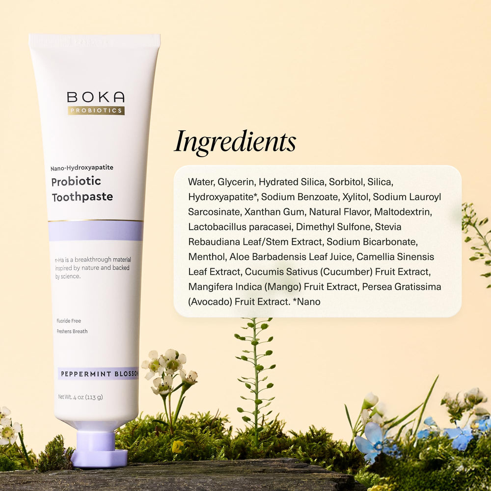 Boka fluoride-free, sulfate-free ingredients emphasize clean formula.