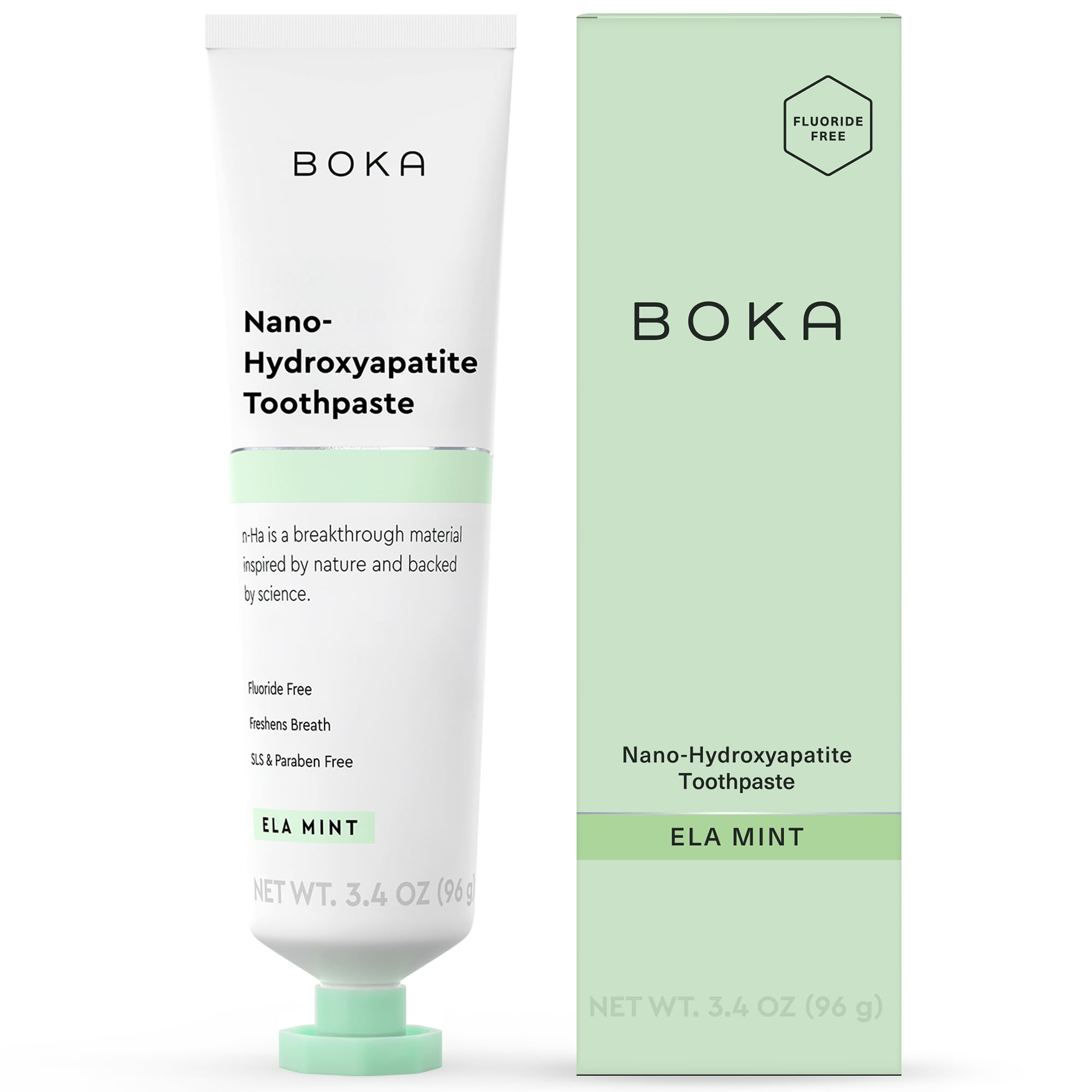 Boka Ela Mint fluoride-free toothpaste packshot highlighting enamel-friendly formula