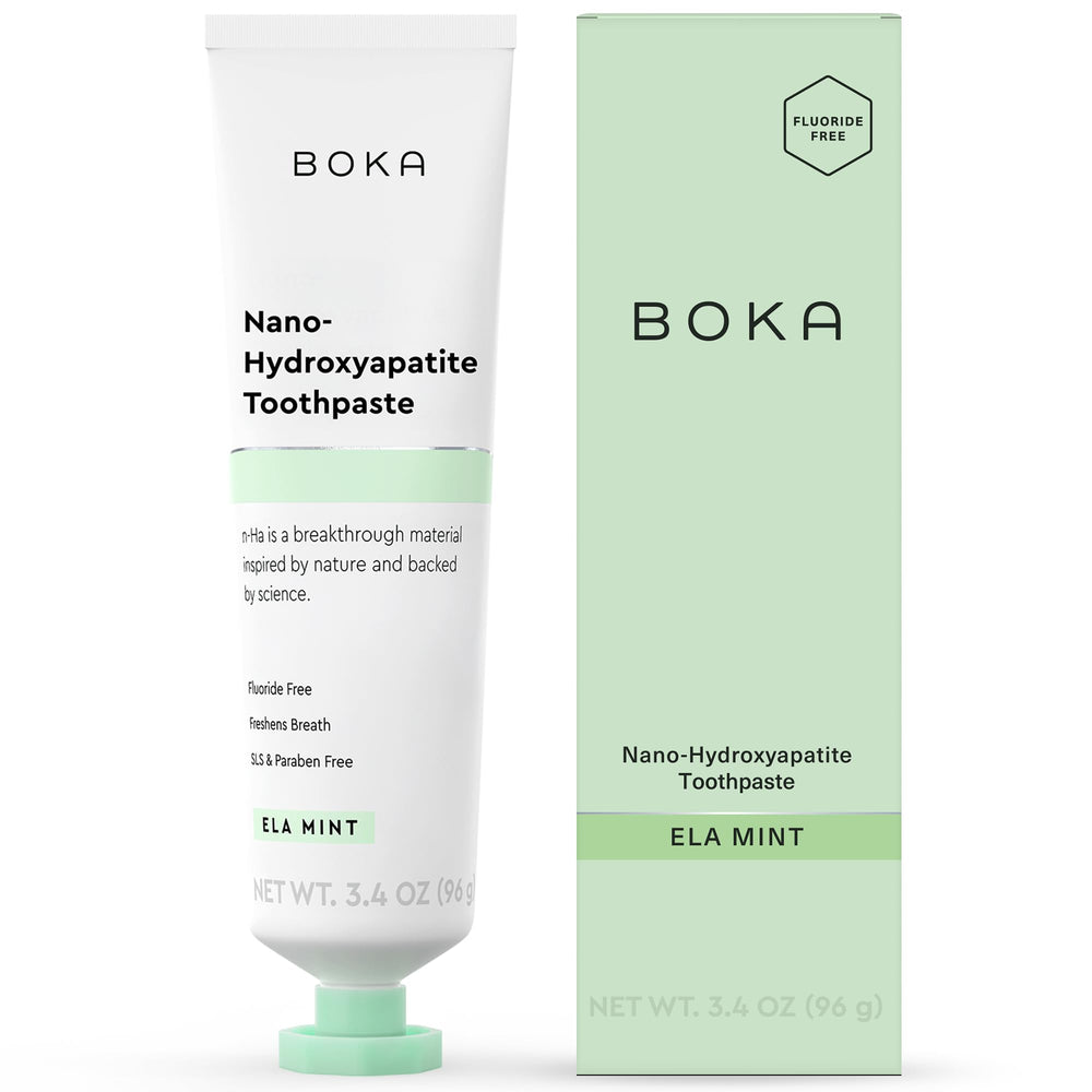 Boka Ela Mint fluoride-free toothpaste packshot highlighting enamel-friendly formula
