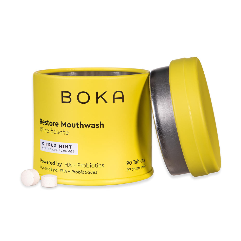 Boka mouthwash tablets with hydroxyapatite in travel tin for on-the-go refreshing dental care.