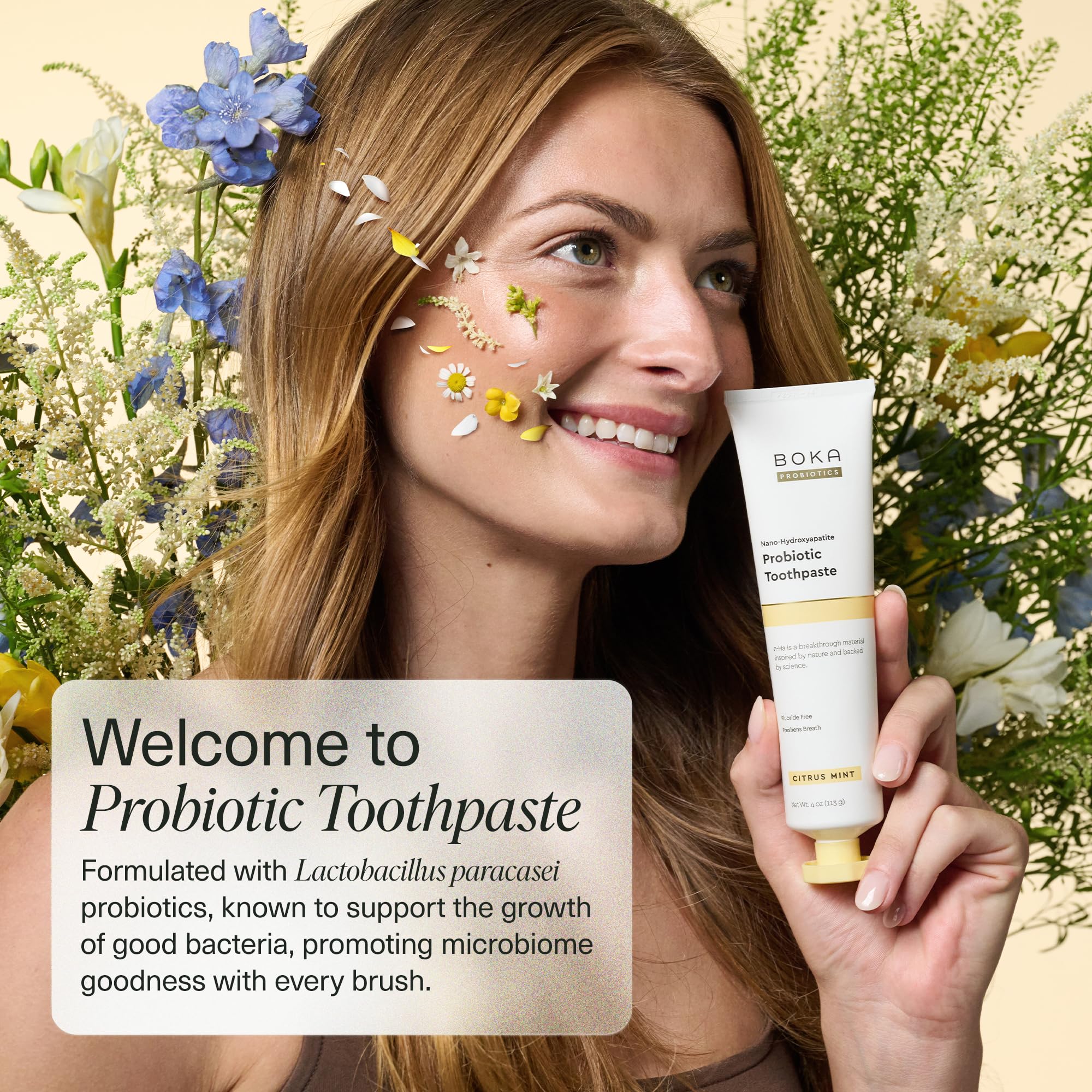 Boka nano-hydroxyapatite texture close-up emphasizes smooth enamel protection.