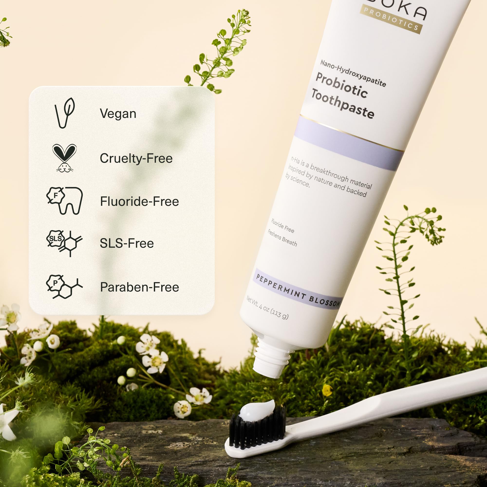 Boka sensitive teeth care with gentle foaming on brush.