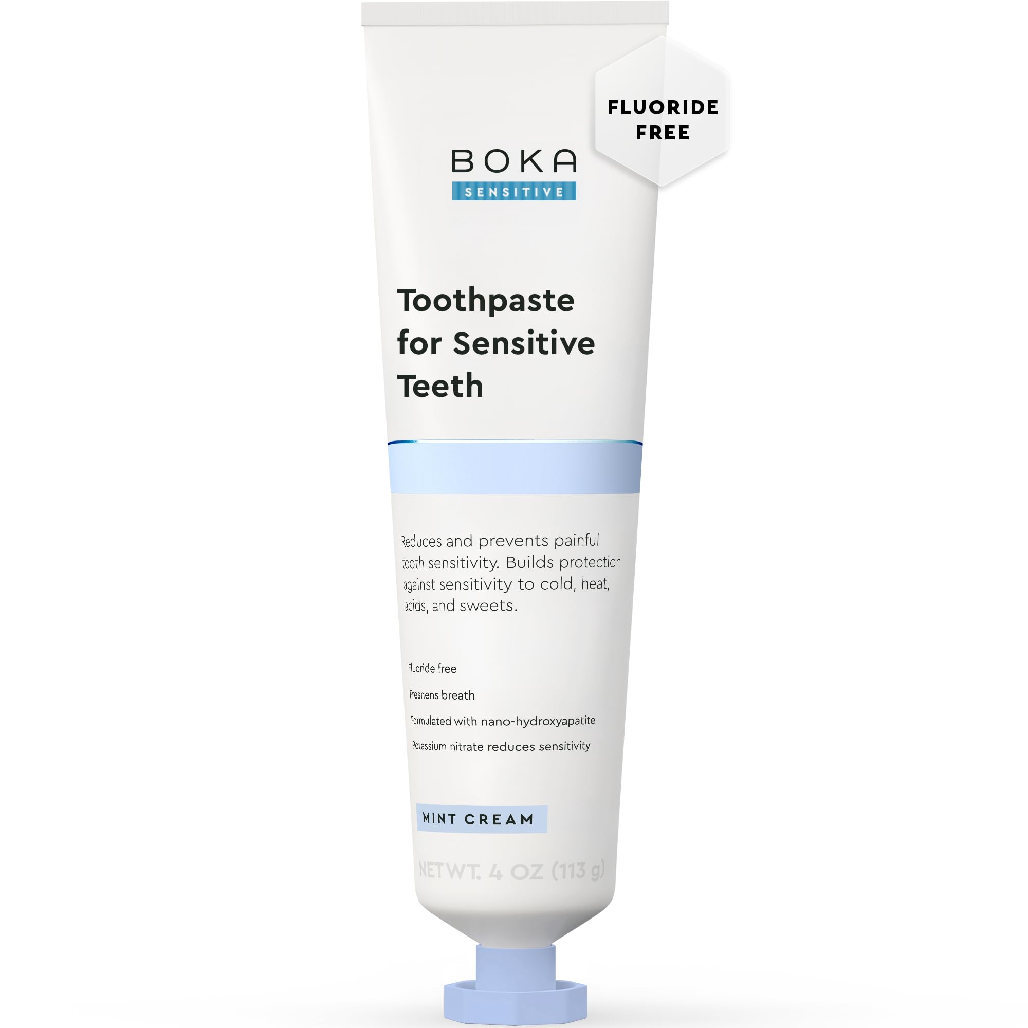 Boka Sensitive Toothpaste box on mint background promises gentle daily sensitivity relief.