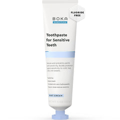Boka Sensitive Toothpaste box on mint background promises gentle daily sensitivity relief.