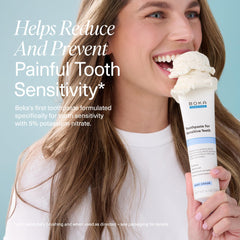 Boka Sensitive Toothpaste label ingredients highlights nano-hydroxyapatite and potassium nitrate benefits.