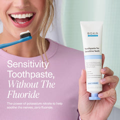 Boka Sensitive Toothpaste tube with dispense action demonstrates easy application for daily use.
