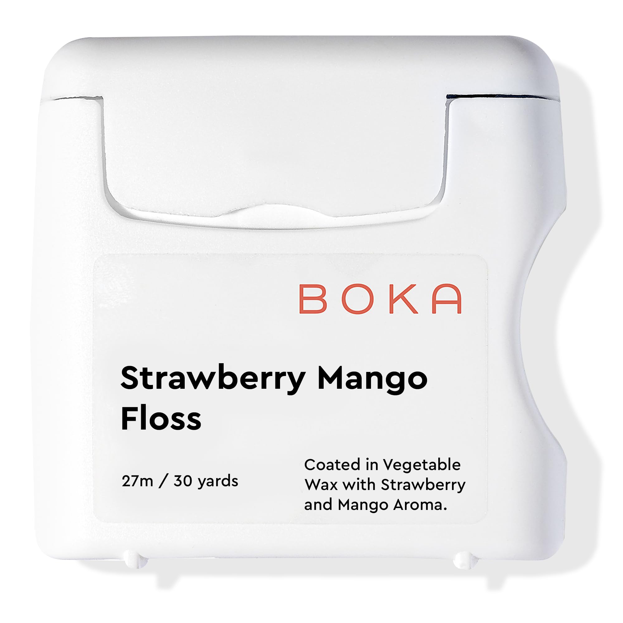 Boka Strawberry Mango floss pack closeup, ready for daily precise cleaning between teeth.