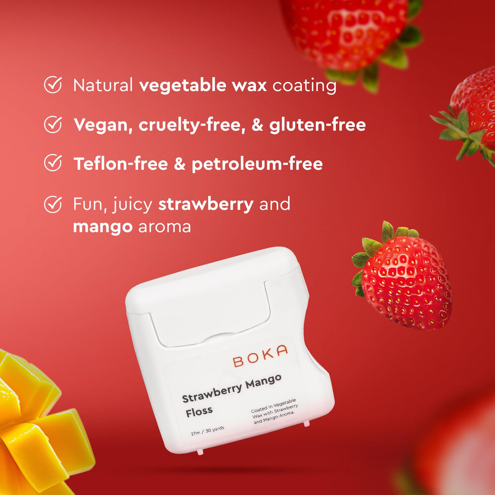 Boka Strawberry Mango floss closeup weave highlighting soft microfibers for plaque removal.