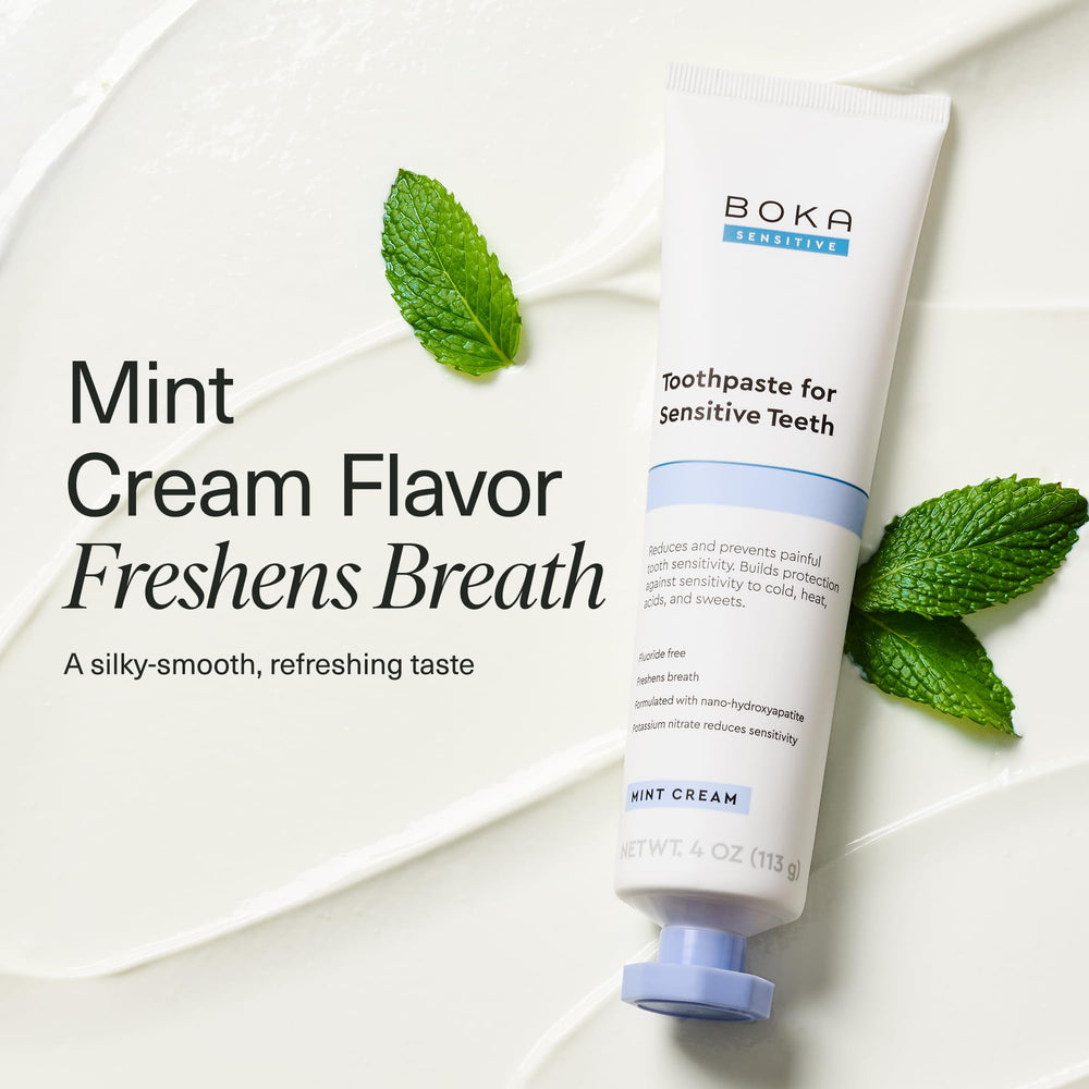 Boka toothpaste next to a toothbrush illustrates everyday oral care routine.