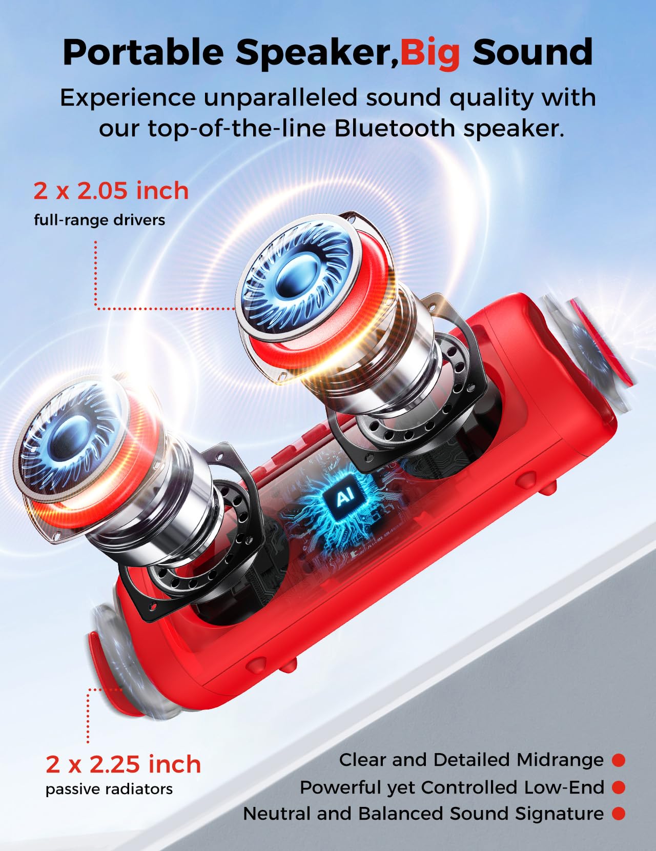 BolaButty Bluetooth speaker red side view, rugged build for outdoor adventures.