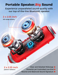 BolaButty Bluetooth speaker red side view, rugged build for outdoor adventures.