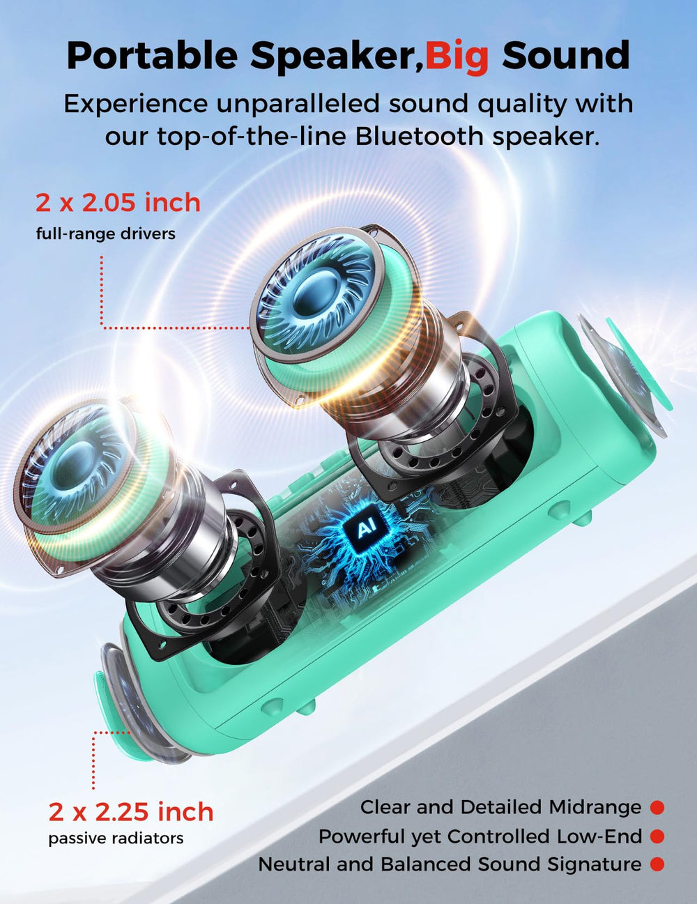 BolaButty teal Bluetooth speaker side angle highlighting IPX5 ruggedness for outdoors.