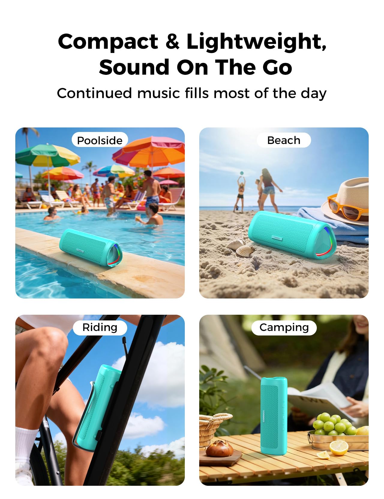 BolaButty teal speaker BT5.3 connection coverage up to 33 feet for smooth streaming.