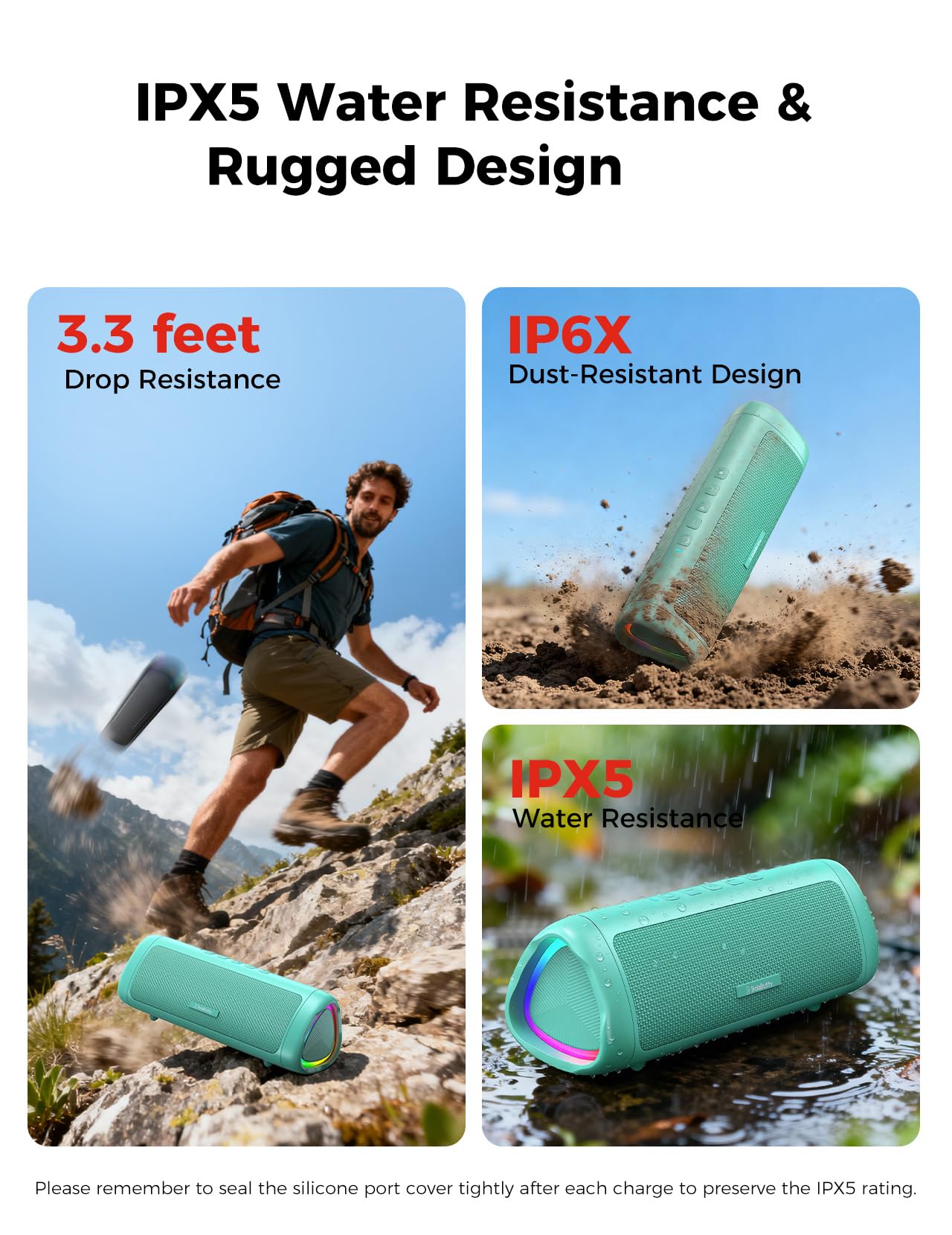 BolaButty teal Bluetooth speaker IPX5 waterproof ready for beach and poolside use.