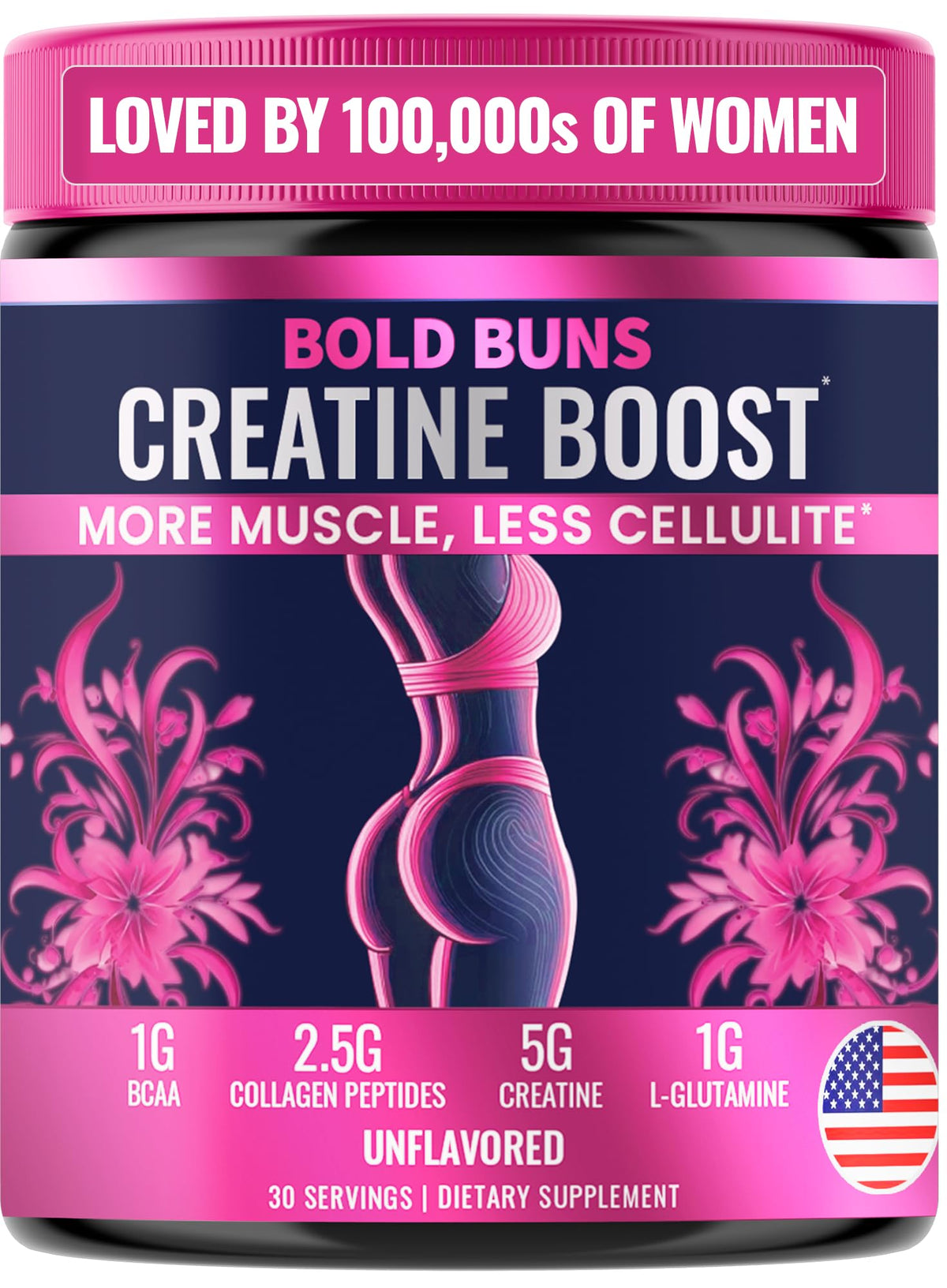 Bold Buns Creatine for Women bottle pour highlights easy-to-mix performance support