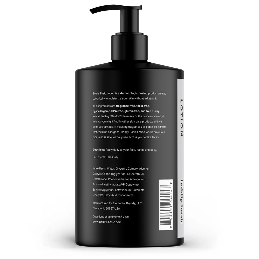 Boldly Basic Fragrance Free Lotion bottle back highlighting gluten- and nut-free formula.