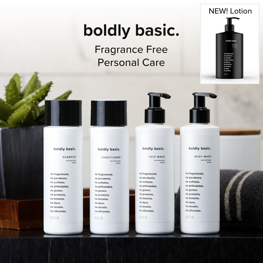 Boldly Basic Fragrance Free Lotion packaging confirms dermatologist-tested, fragrance-free claim.