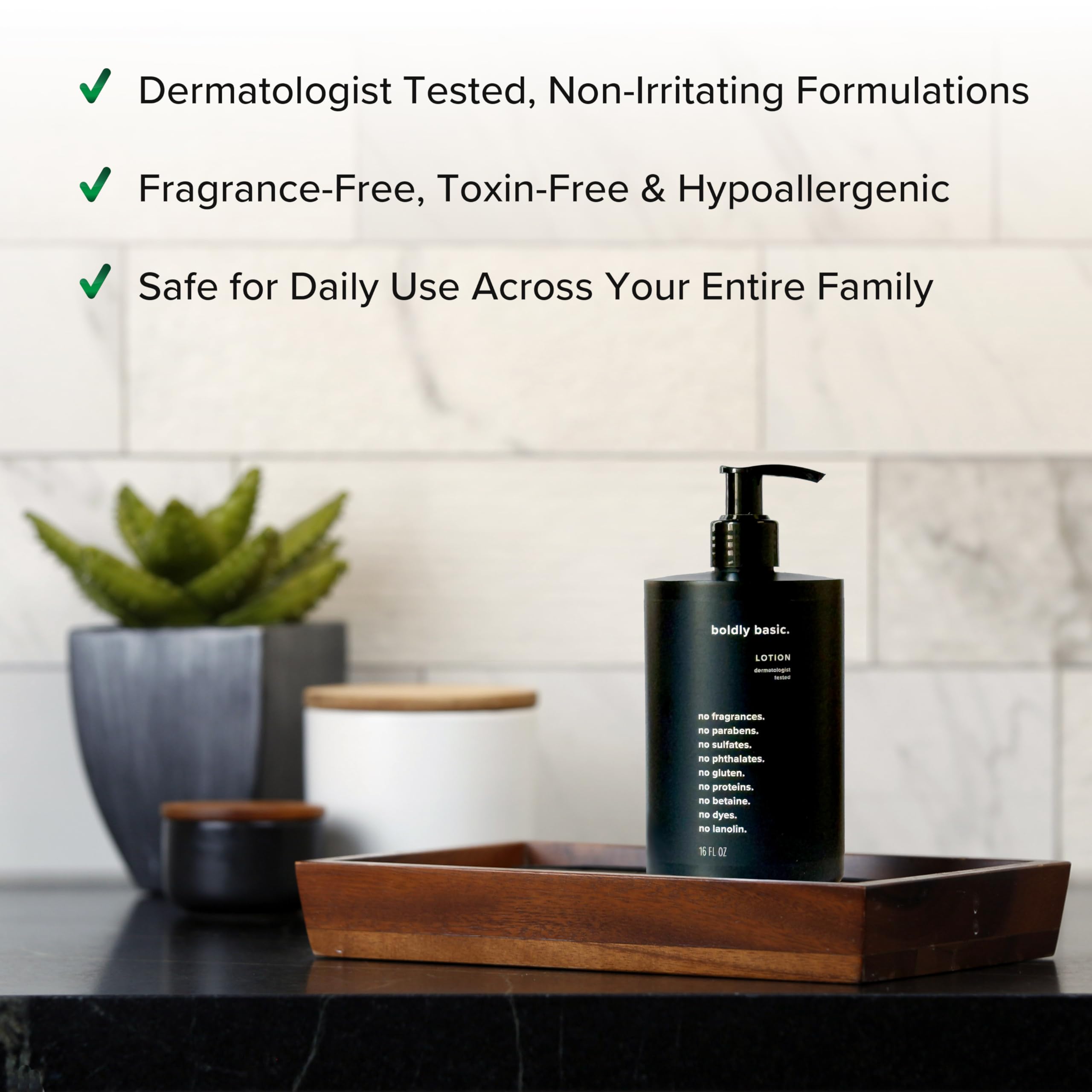 Boldly Basic Fragrance Free Lotion pump-top close-up for easy, non-greasy application.