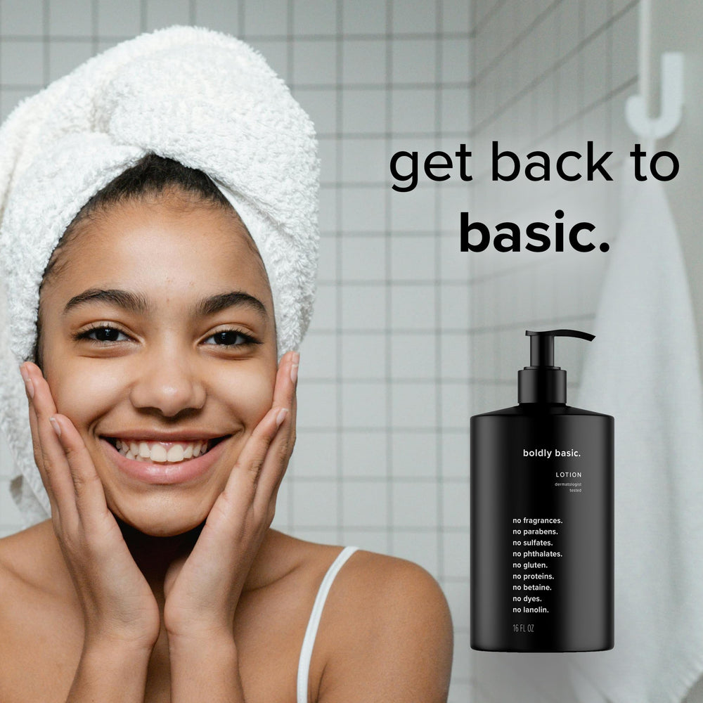 Boldly Basic Fragrance Free Lotion texture close-up shows rich, non-greasy moisture.