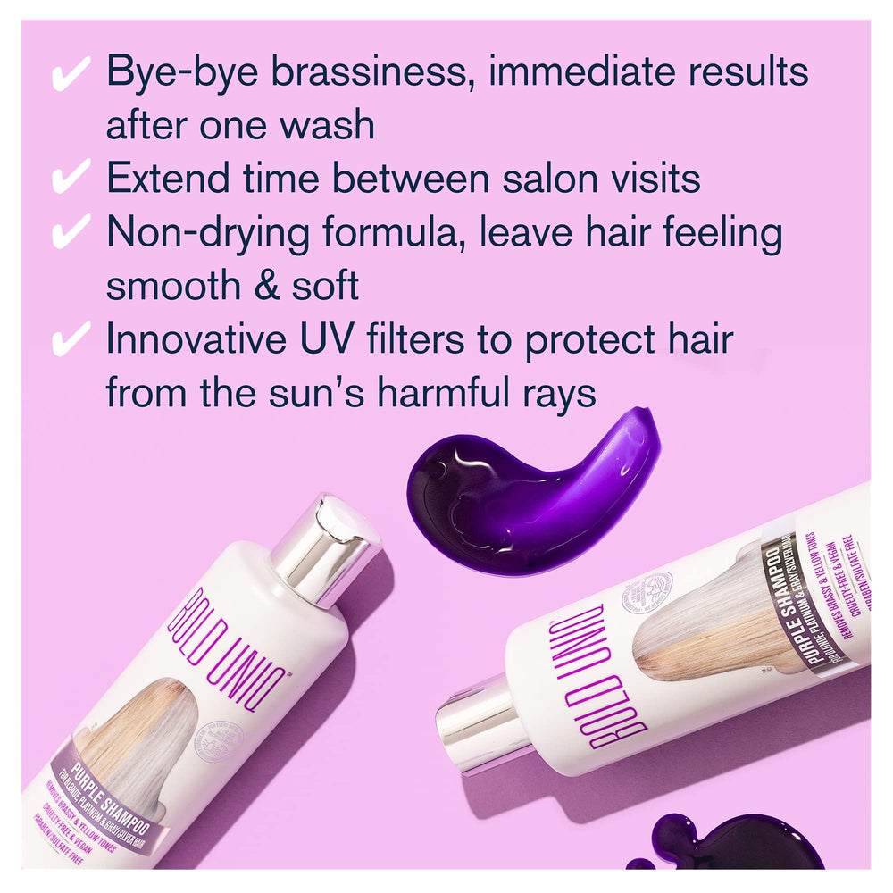 Bold Uniq Purple Shampoo creates ice-cool-blonde with violet pigments.