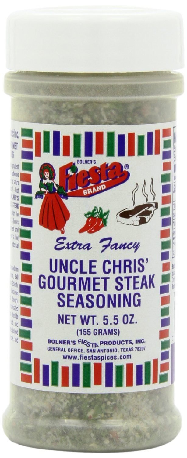 Bolner's Fiesta Uncle Chris steak seasoning bottle enhances grilling flavor for beef.