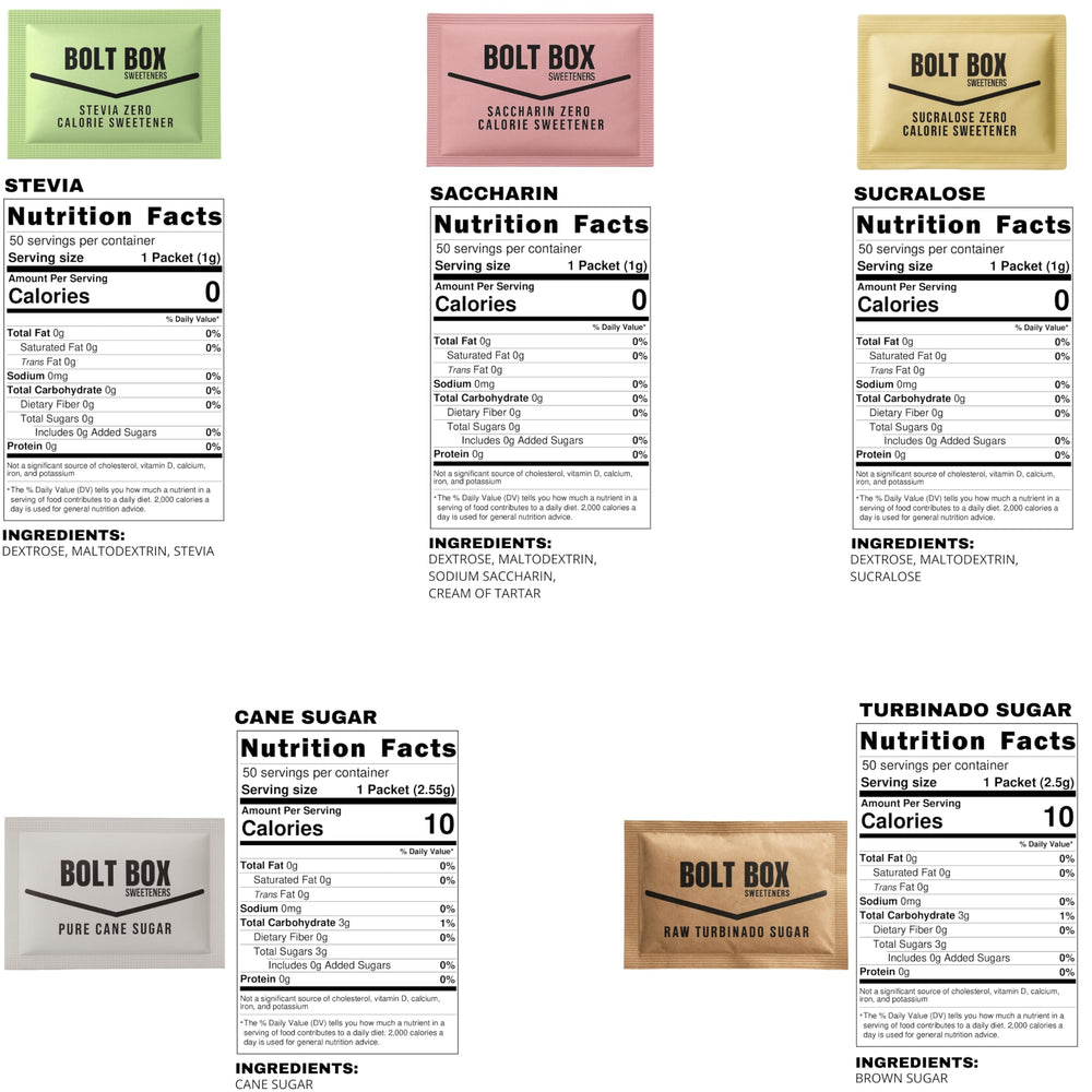 Bolt Box cane sugar packets neatly organized for home use.