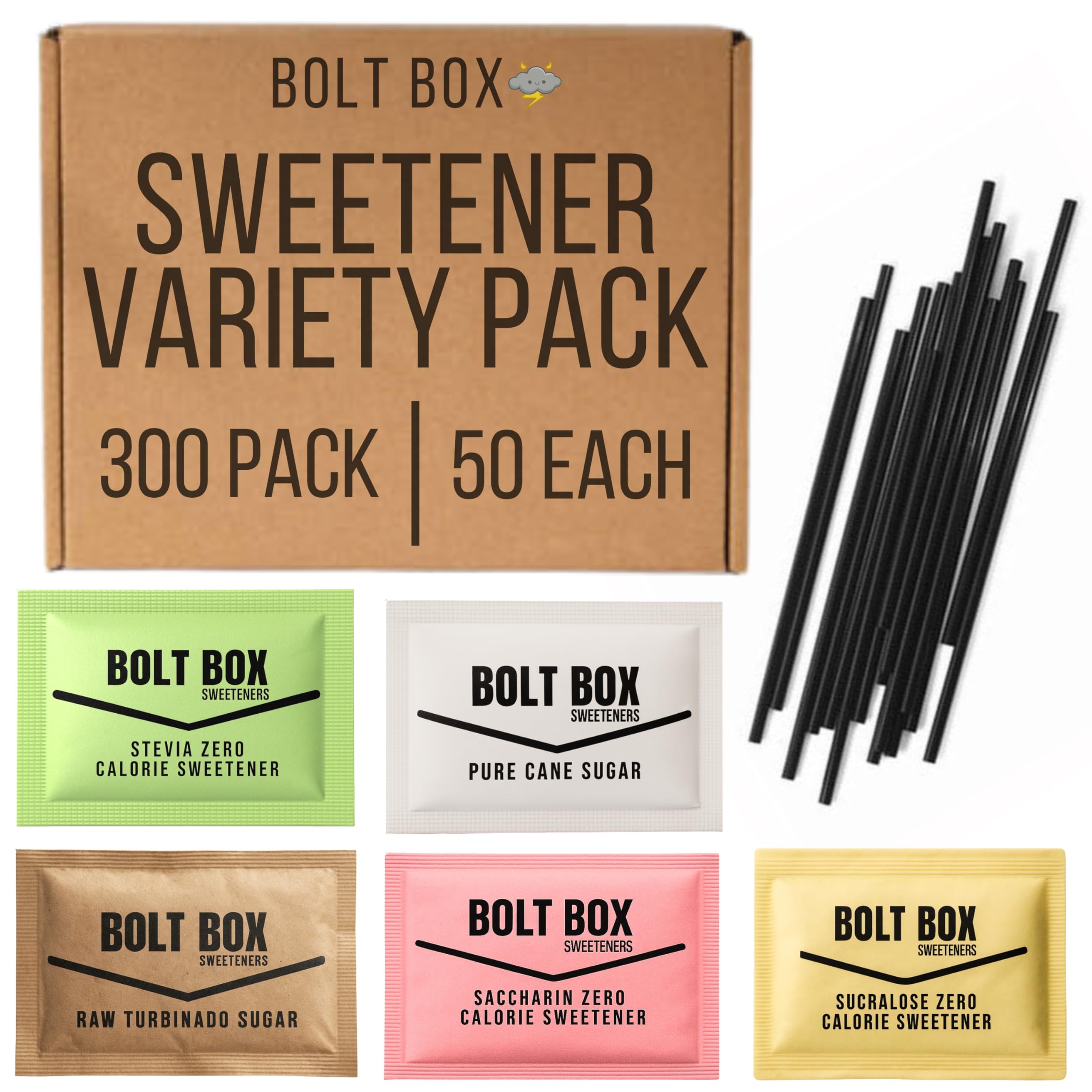 Bolt Box turbinado sugar packets arranged for premium office coffee.